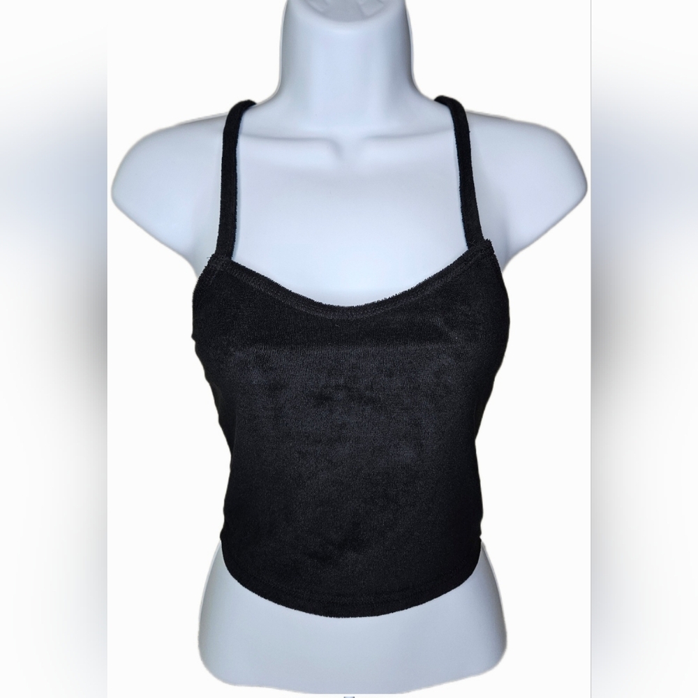 NWT Mono B Women's Cropped Terry Criss Cross Back Tank Top Black Various Sizes